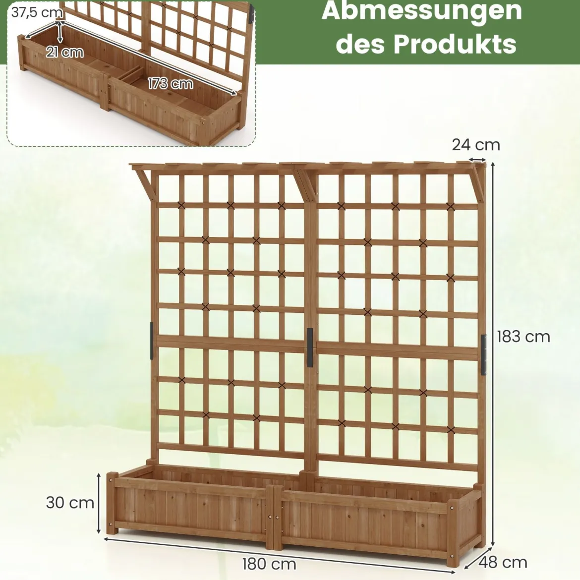 Blumenkasten mit Spalier & Dach Tannenholz Pflanzkasten mit Rankgitter Gartenspalier Braun