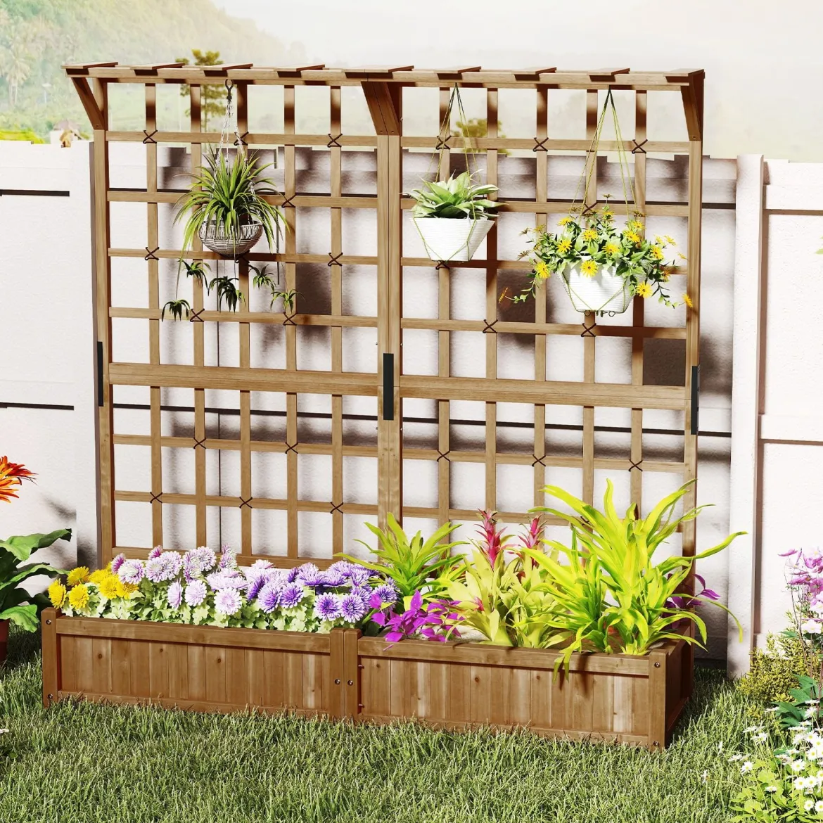 Blumenkasten mit Spalier & Dach Tannenholz Pflanzkasten mit Rankgitter Gartenspalier Braun