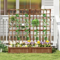 Blumenkasten mit Spalier & Dach Tannenholz Pflanzkasten mit Rankgitter Gartenspalier Braun