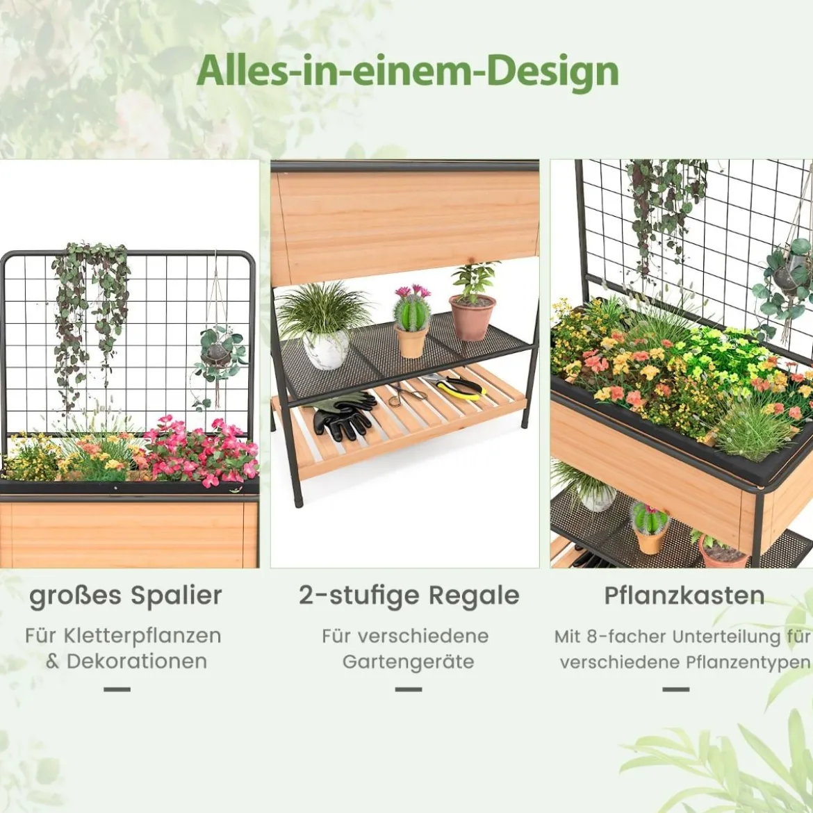 Blumenkasten mit Spalier & 2 Stufigen Regalen & Abnehmbarer Trennwand 80 x 38 x 150 cm