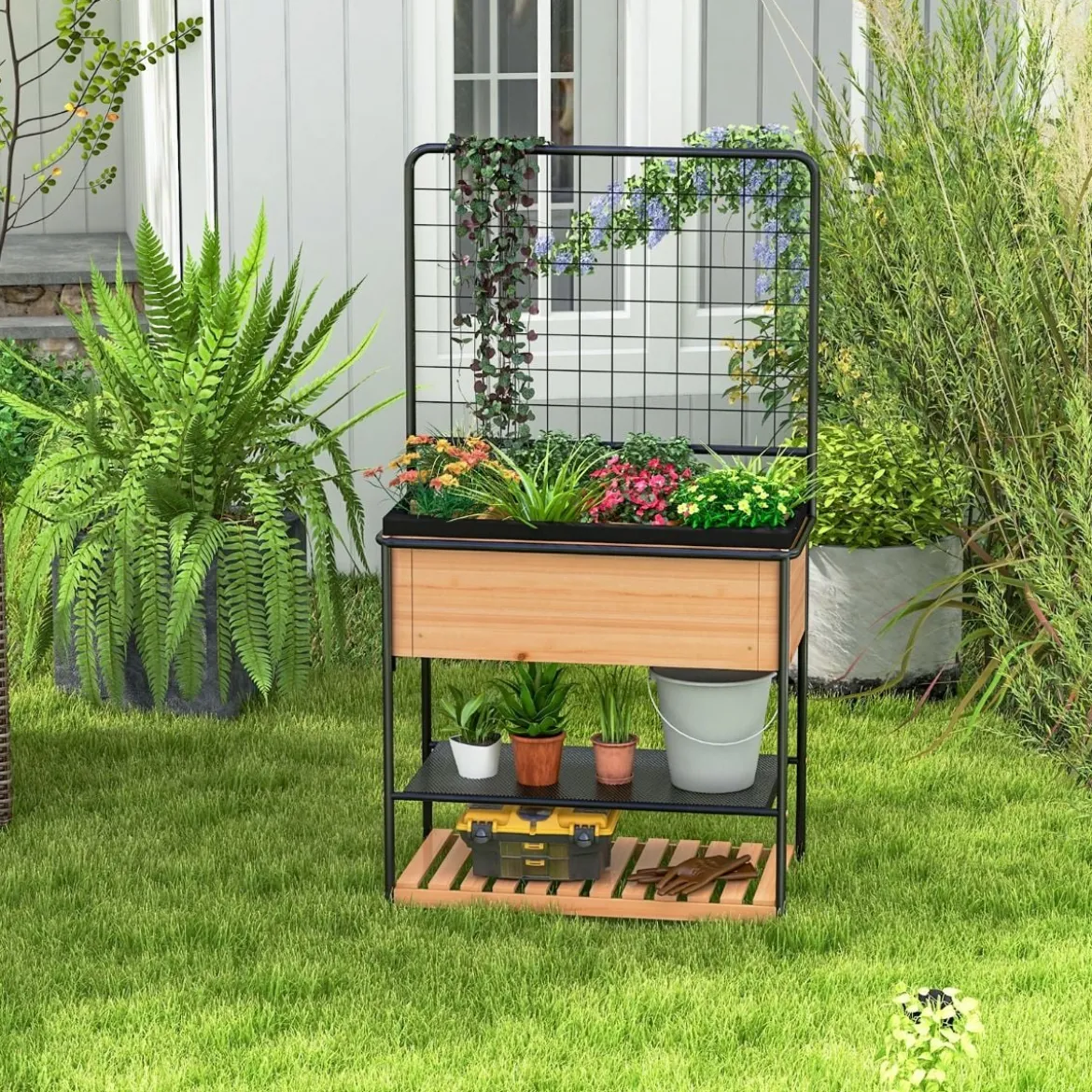 Blumenkasten mit Spalier & 2 Stufigen Regalen & Abnehmbarer Trennwand 80 x 38 x 150 cm