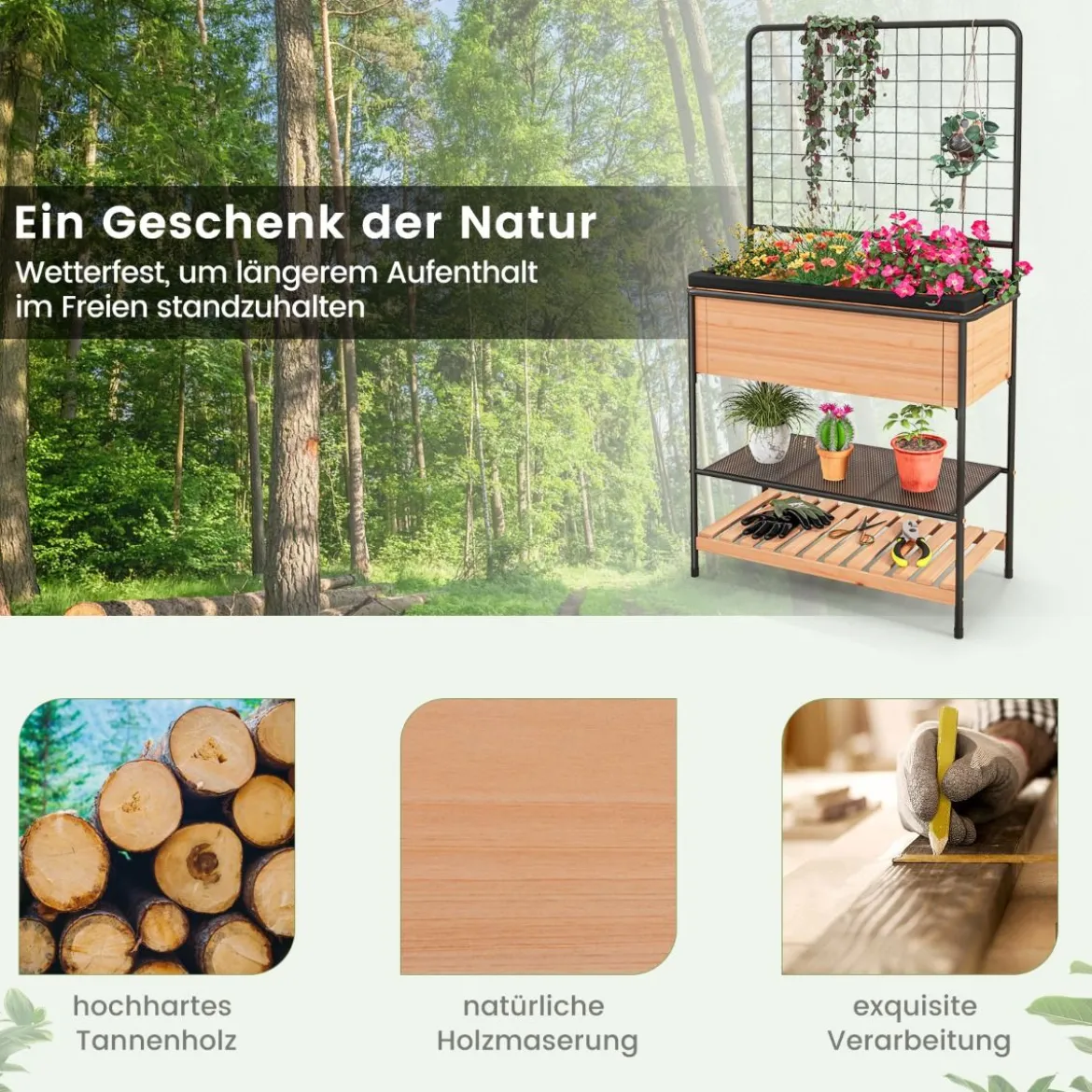 Blumenkasten mit Spalier & 2 Stufigen Regalen & Abnehmbarer Trennwand 80 x 38 x 150 cm