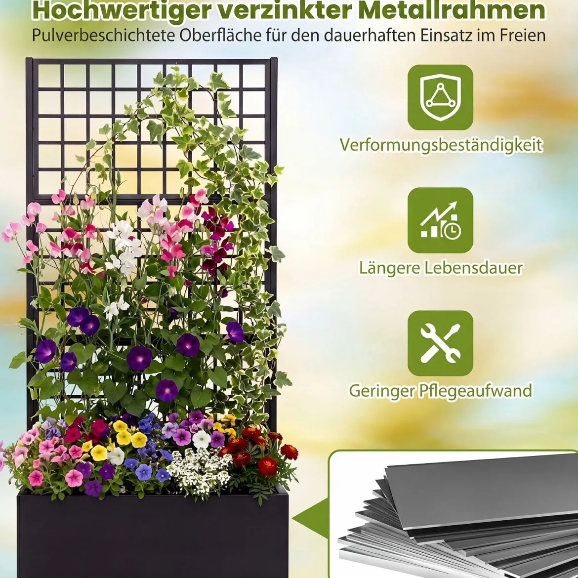 Blumenkasten Pflanzkasten mit Rankgitter Pflanzkübel aus Verzinktem Stahl 90 x 40 x 180,5 cm