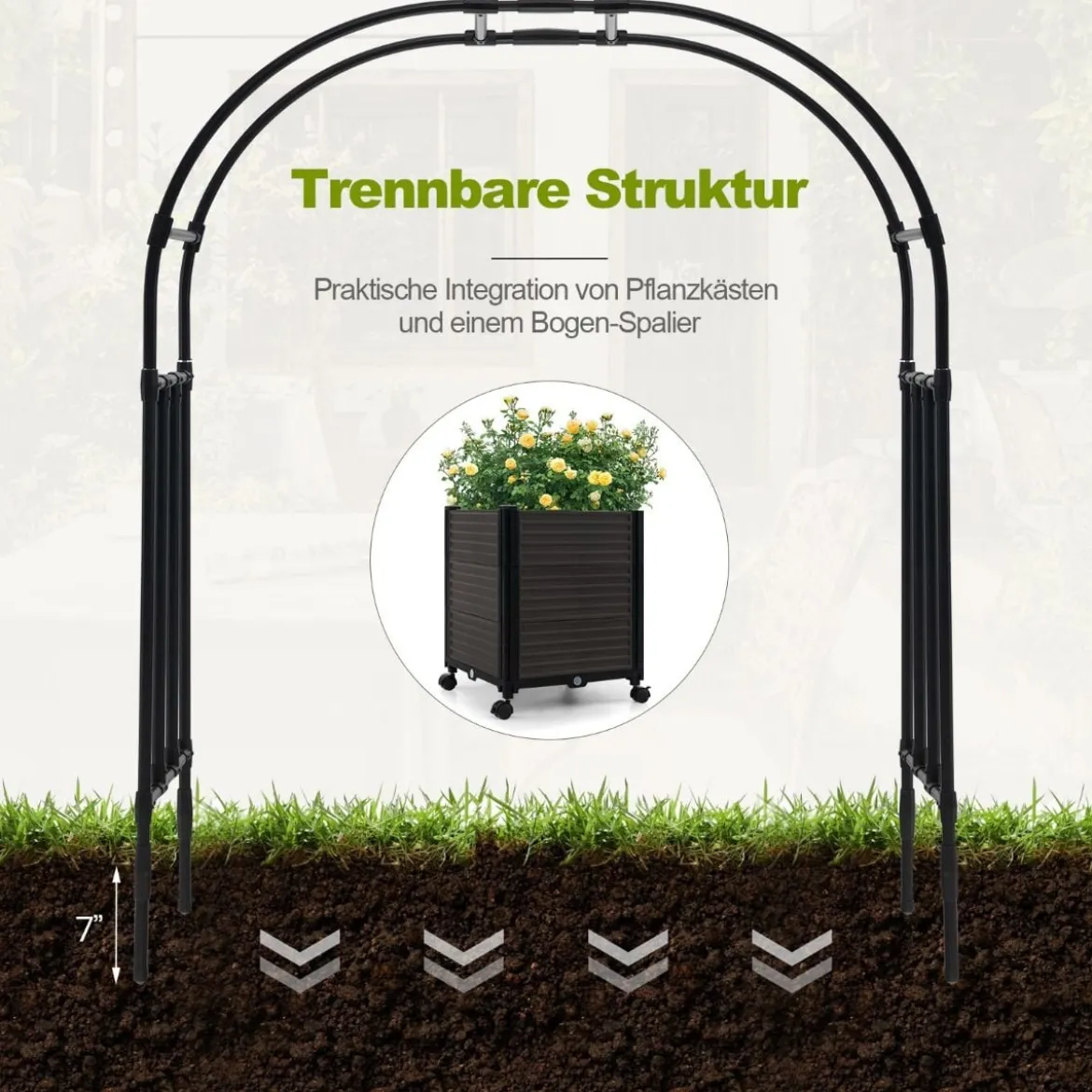 Blumenkasten Rosenbogen Spalier 2 Pflanzkästen auf Rollen Gartenpergola Gartenbogen Metall 200 x 42 x 200 cm Schwarz