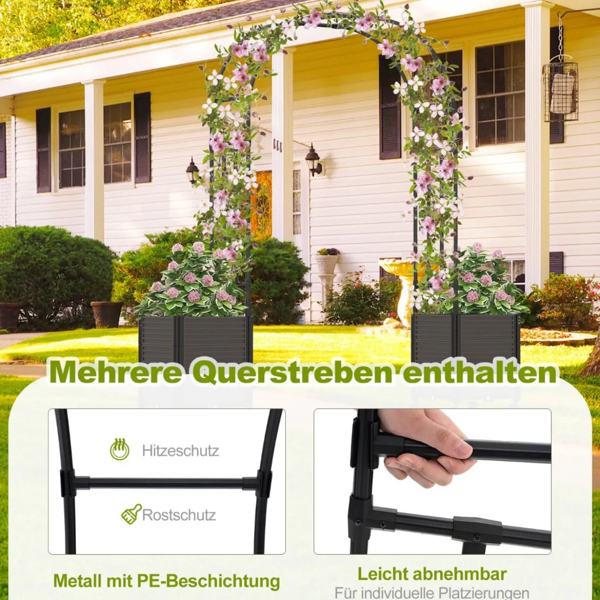 Blumenkasten Rosenbogen Spalier 2 Pflanzkästen auf Rollen Gartenpergola Gartenbogen Metall 200 x 42 x 200 cm Schwarz