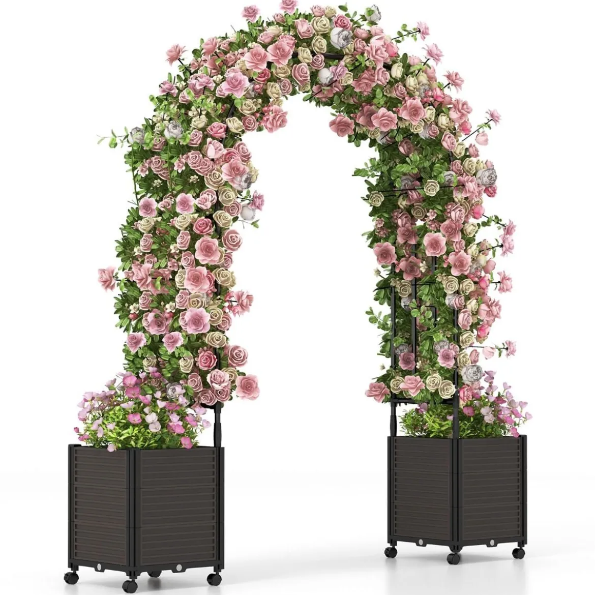 Blumenkasten Rosenbogen Spalier 2 Pflanzkästen auf Rollen Gartenpergola Gartenbogen Metall 200 x 42 x 200 cm Schwarz