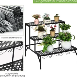 Blumenregal 3-Stufiger Metall-Pflanzenständer 70 x 60 x 60 cm Schwarz