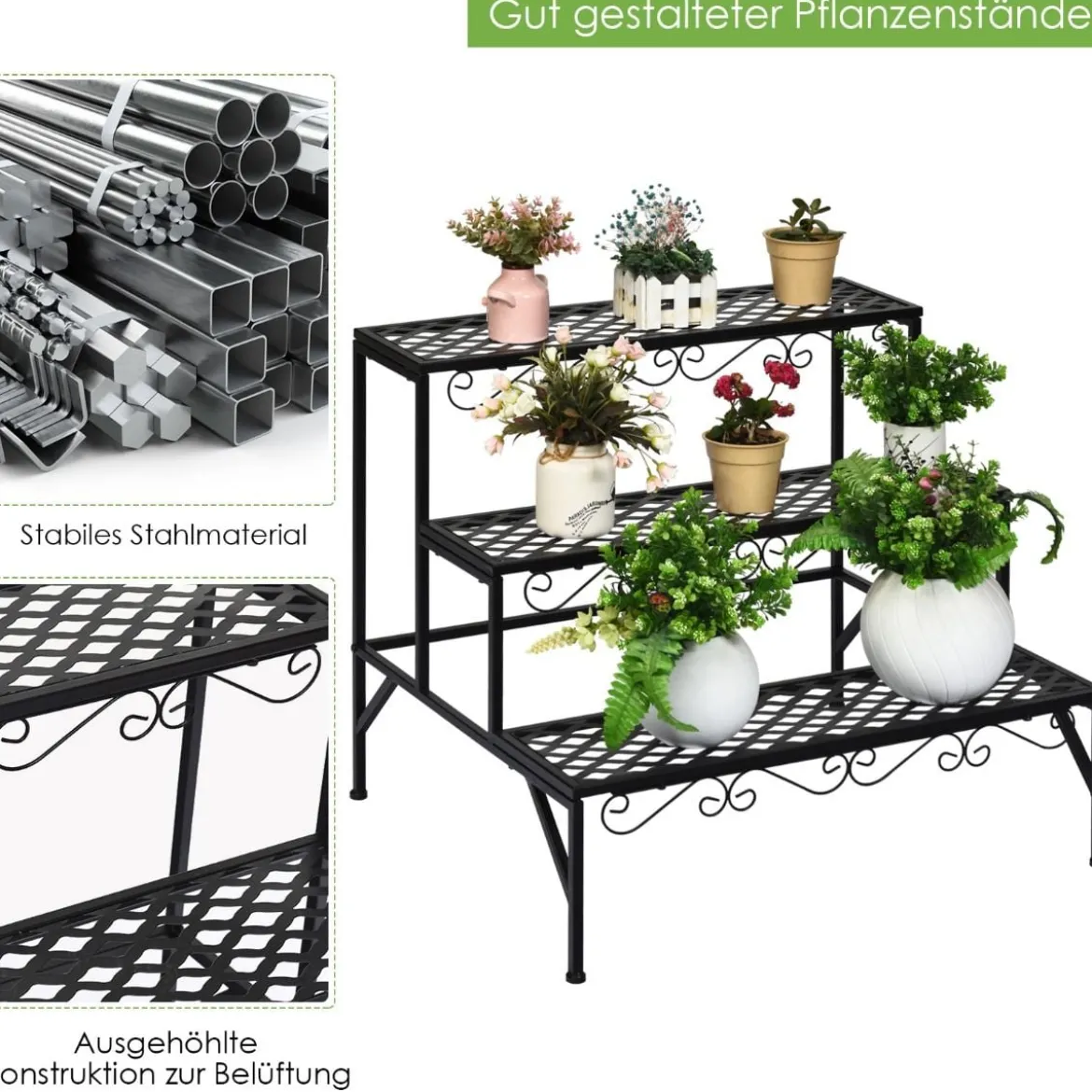 Blumenregal 3-Stufiger Metall-Pflanzenständer 70 x 60 x 60 cm Schwarz