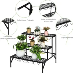 Blumenregal 3-Stufiger Metall-Pflanzenständer 70 x 60 x 60 cm Schwarz