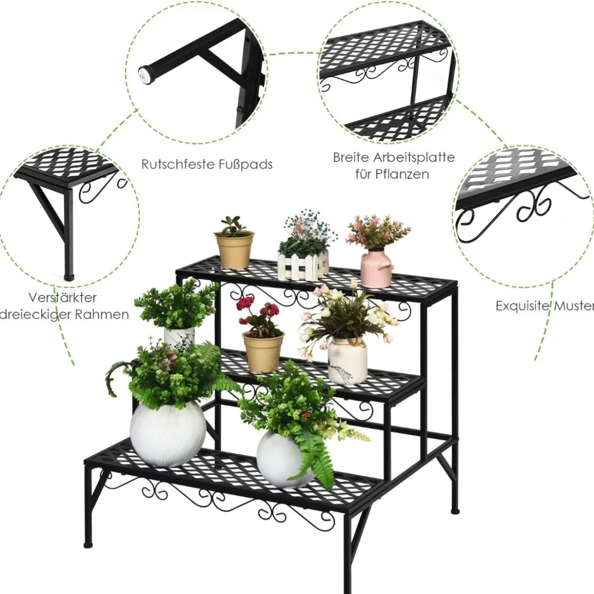 Blumenregal 3-Stufiger Metall-Pflanzenständer 70 x 60 x 60 cm Schwarz