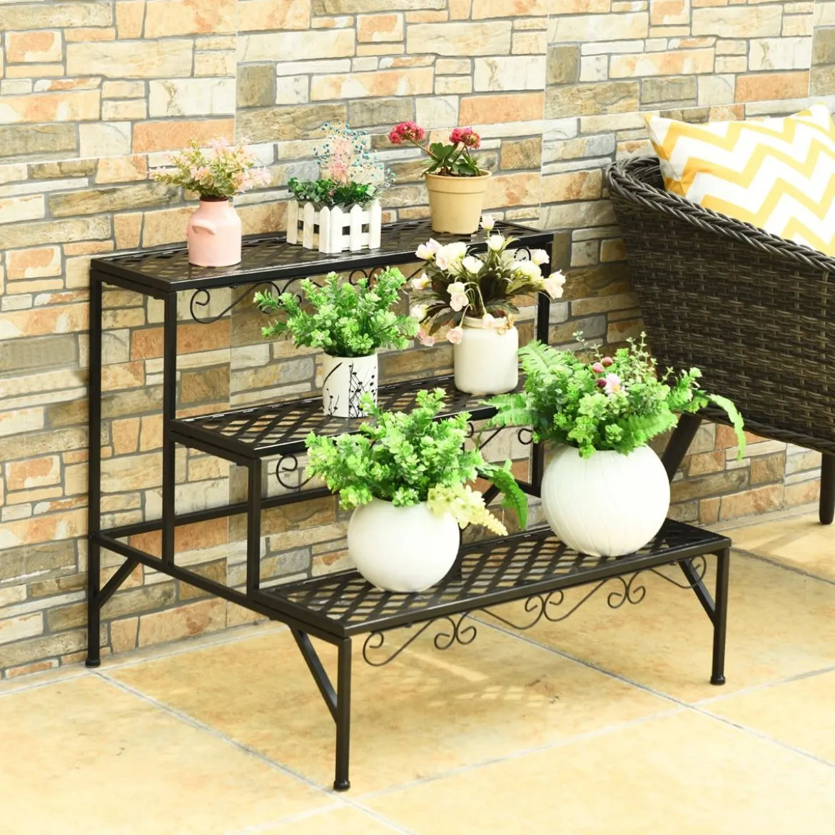 Blumenregal 3-Stufiger Metall-Pflanzenständer 70 x 60 x 60 cm Schwarz