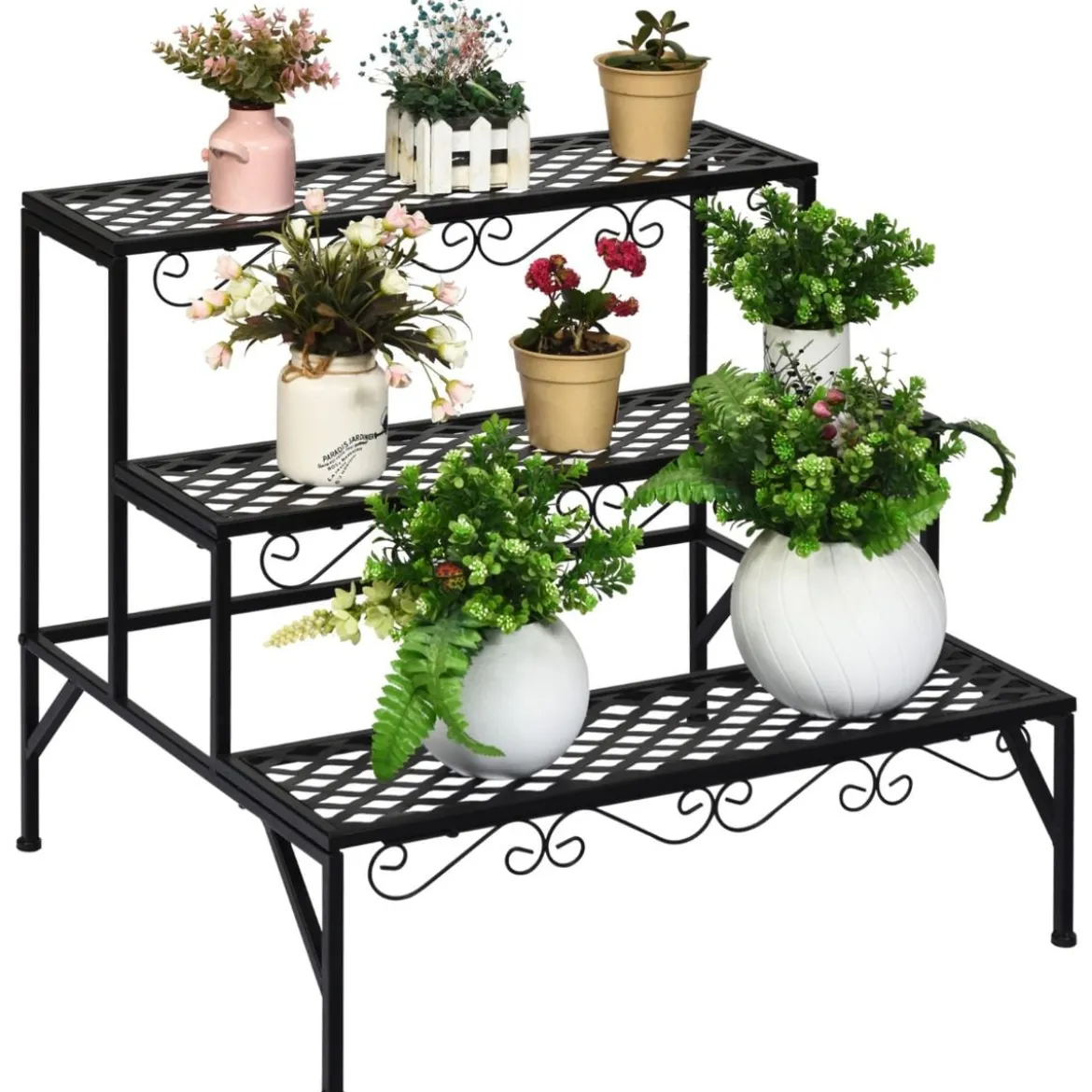 Blumenregal 3-Stufiger Metall-Pflanzenständer 70 x 60 x 60 cm Schwarz