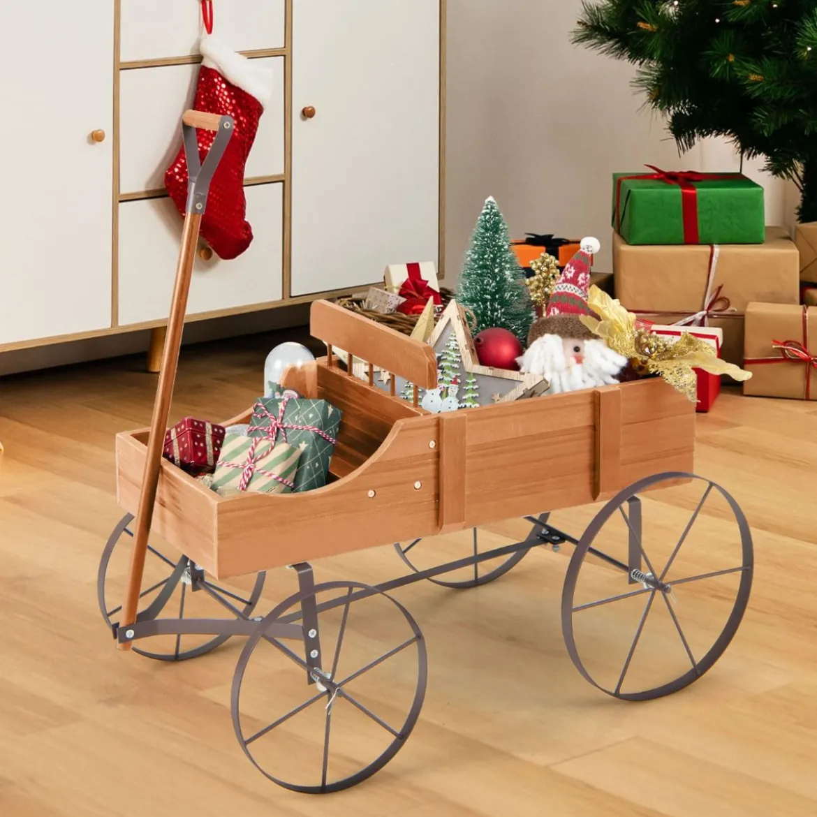 Blumenständer Holzwagen Pflanzwagen Blumenwagen mit Rädern aus Metall 62 x 34 x 60 cm Grau/Rot/Braun/Grün/Blau