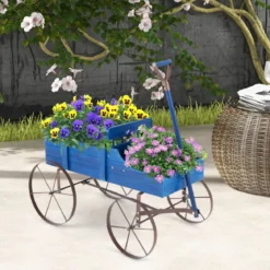 Blumenständer Holzwagen Pflanzwagen Blumenwagen mit Rädern aus Metall 62 x 34 x 60 cm Grau/Rot/Braun/Grün/Blau