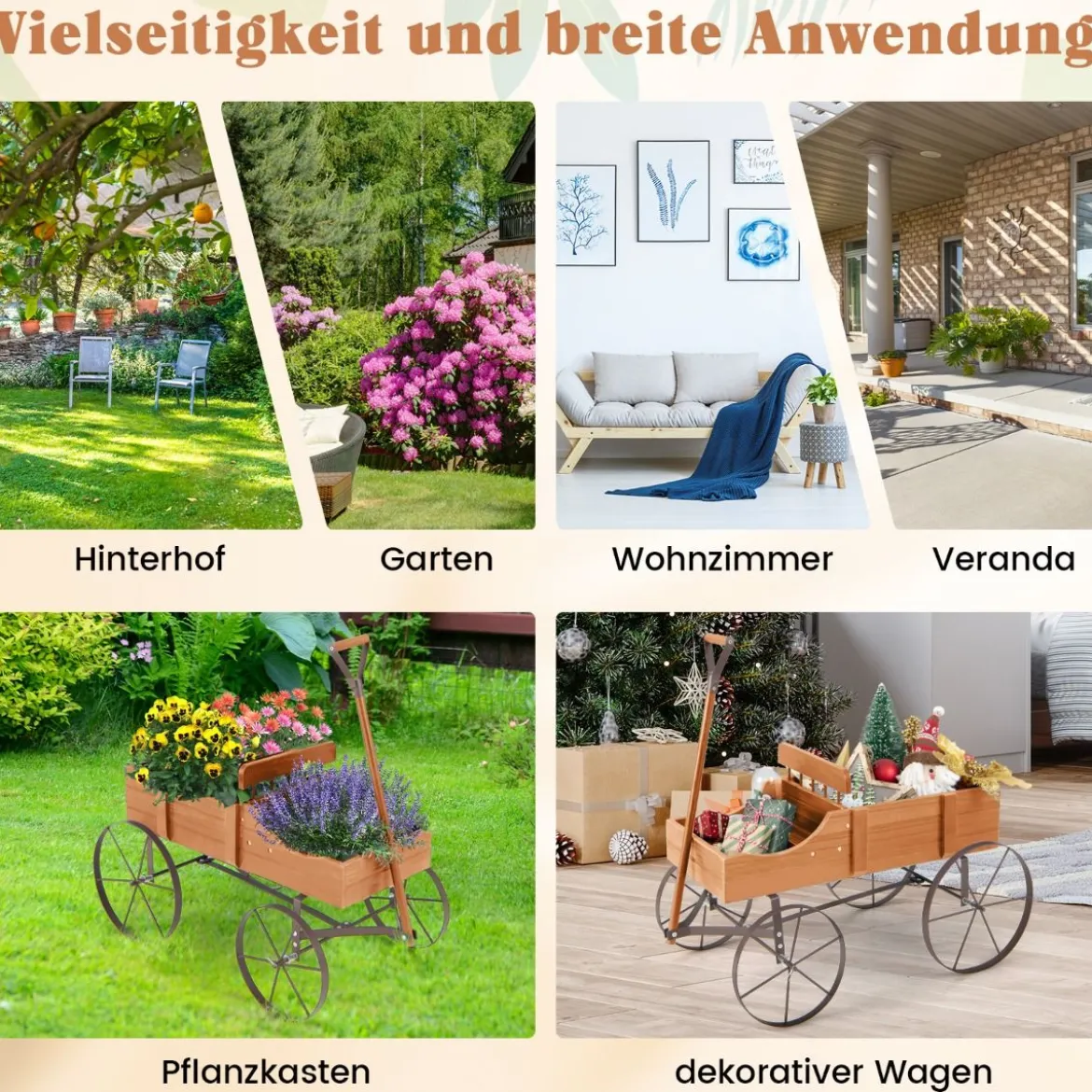 Blumenständer Holzwagen Pflanzwagen Blumenwagen mit Rädern aus Metall 62 x 34 x 60 cm Grau/Rot/Braun/Grün/Blau