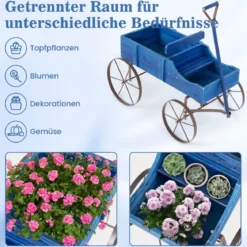 Blumenständer Holzwagen Pflanzwagen Blumenwagen mit Rädern aus Metall 62 x 34 x 60 cm Grau/Rot/Braun/Grün/Blau