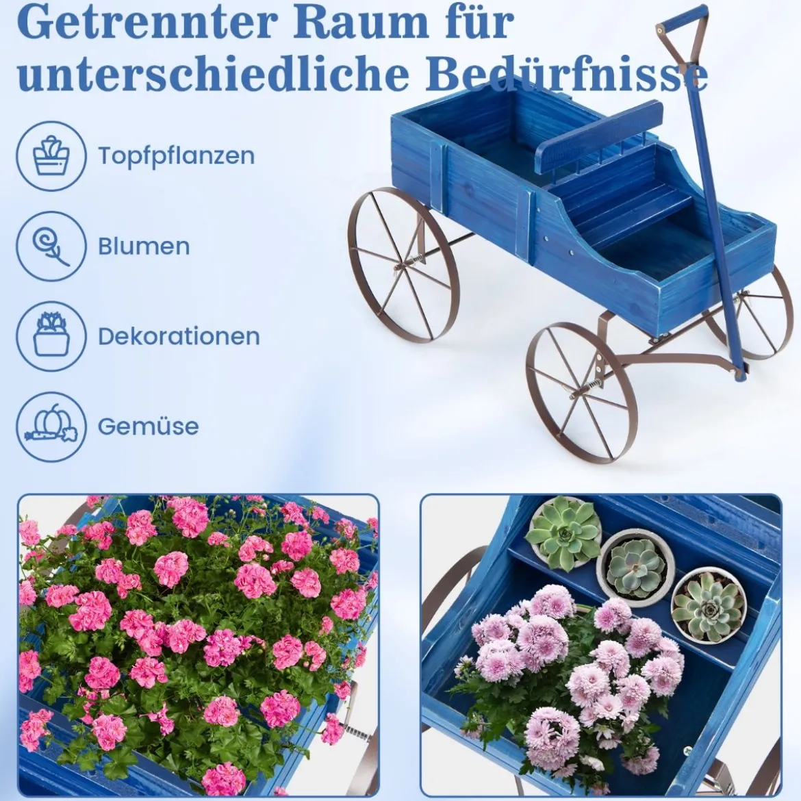 Blumenständer Holzwagen Pflanzwagen Blumenwagen mit Rädern aus Metall 62 x 34 x 60 cm Grau/Rot/Braun/Grün/Blau