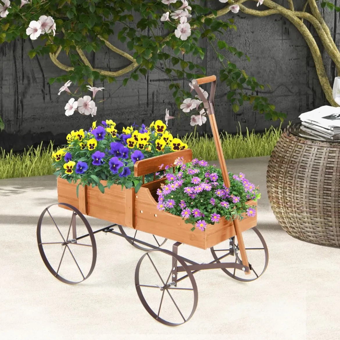Blumenständer Holzwagen Pflanzwagen Blumenwagen mit Rädern aus Metall 62 x 34 x 60 cm Grau/Rot/Braun/Grün/Blau