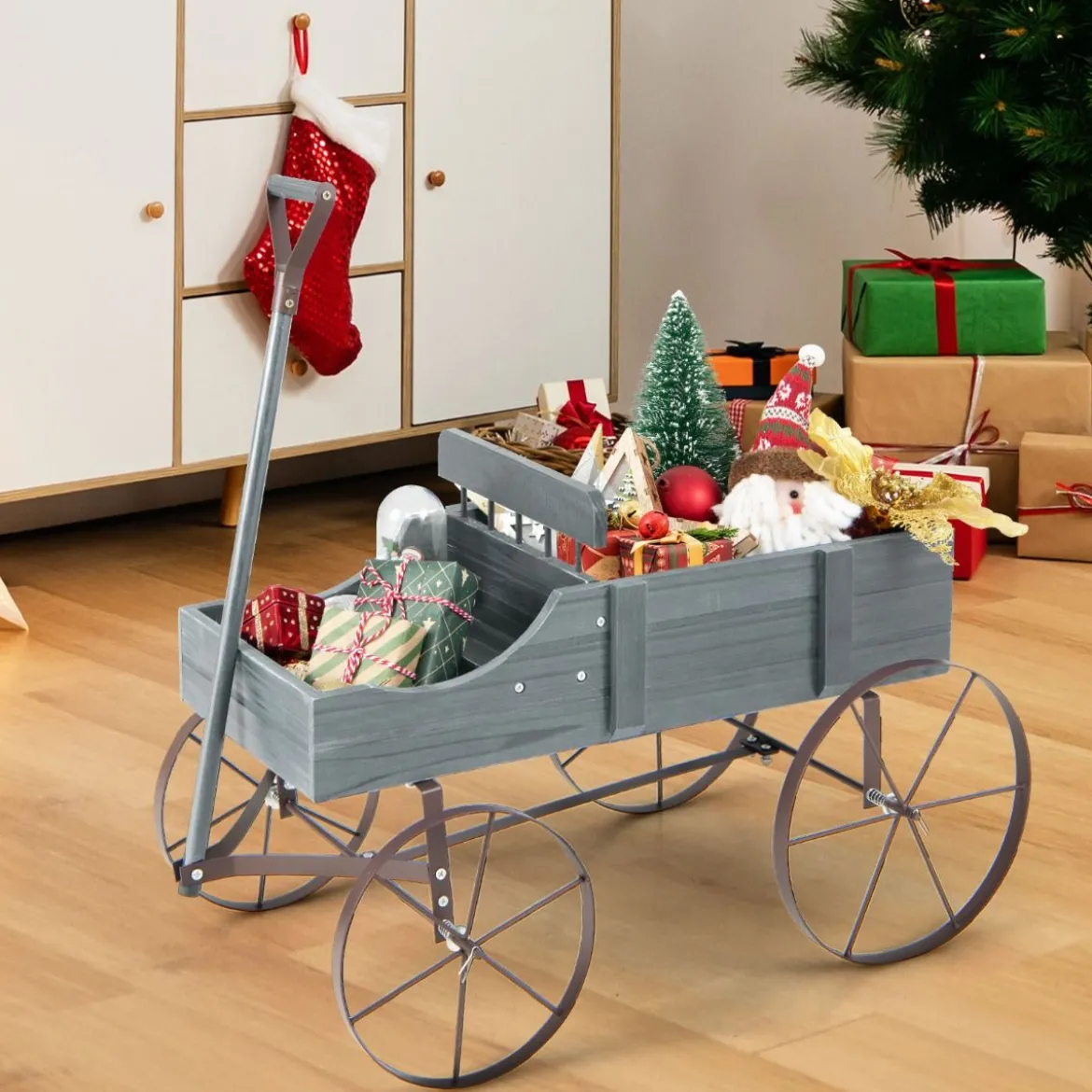 Blumenständer Holzwagen Pflanzwagen Blumenwagen mit Rädern aus Metall 62 x 34 x 60 cm Grau/Rot/Braun/Grün/Blau