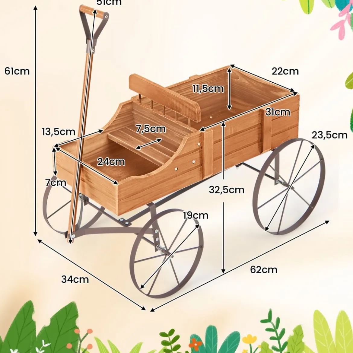 Blumenständer Holzwagen Pflanzwagen Blumenwagen mit Rädern aus Metall 62 x 34 x 60 cm Grau/Rot/Braun/Grün/Blau
