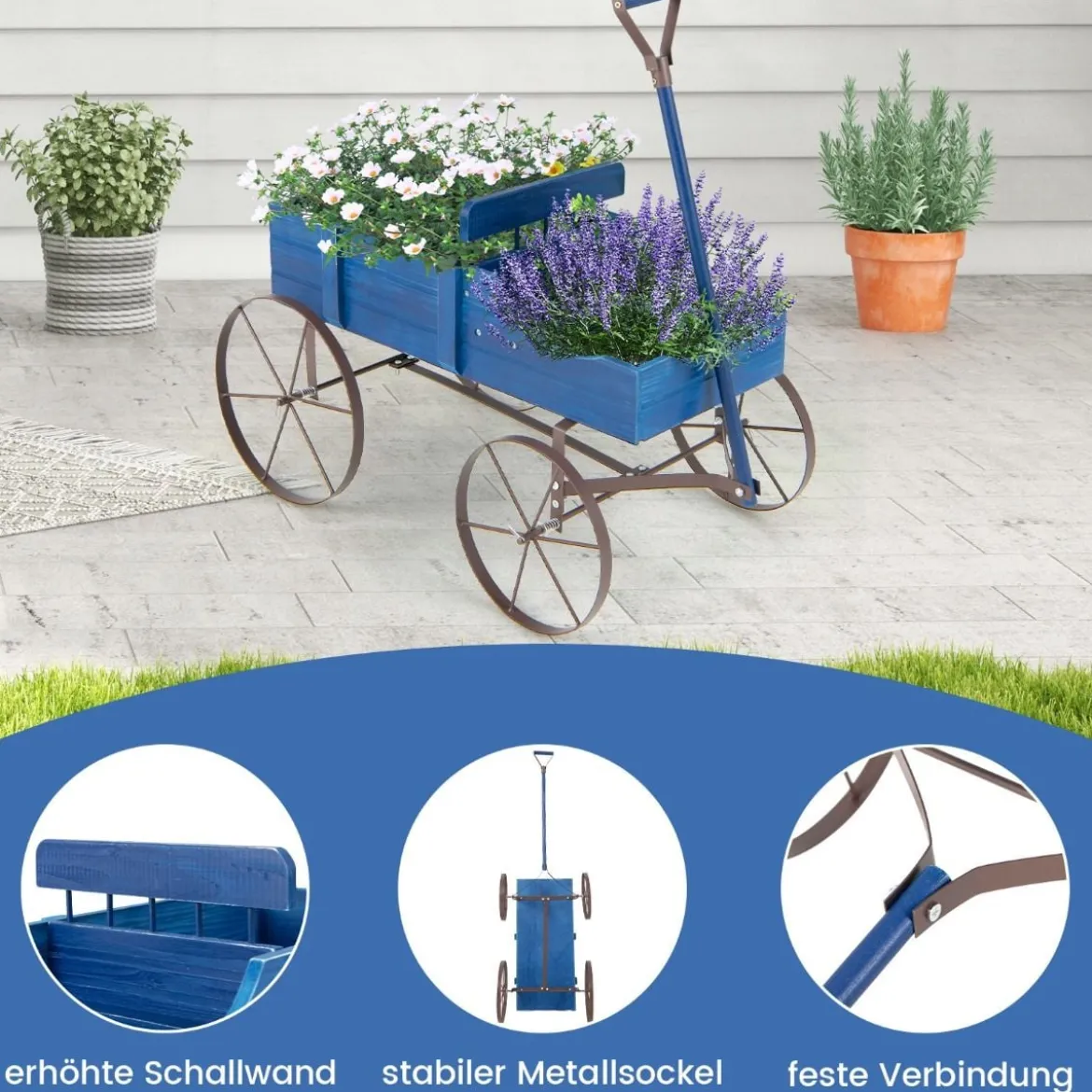 Blumenständer Holzwagen Pflanzwagen Blumenwagen mit Rädern aus Metall 62 x 34 x 60 cm Grau/Rot/Braun/Grün/Blau