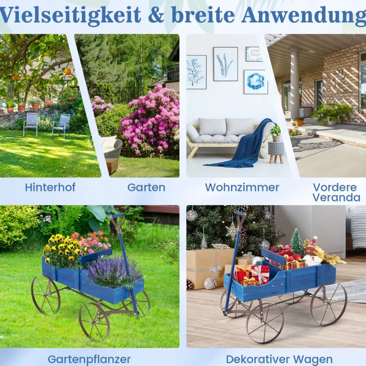 Blumenständer Holzwagen Pflanzwagen Blumenwagen mit Rädern aus Metall 62 x 34 x 60 cm Grau/Rot/Braun/Grün/Blau