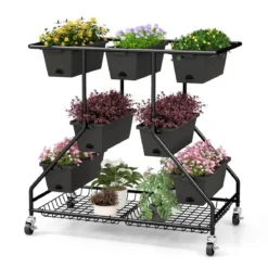 Blumenständer mit Blumenkästen Blumentreppe mit Rollen 100 x 56 x 99 cm Schwarz