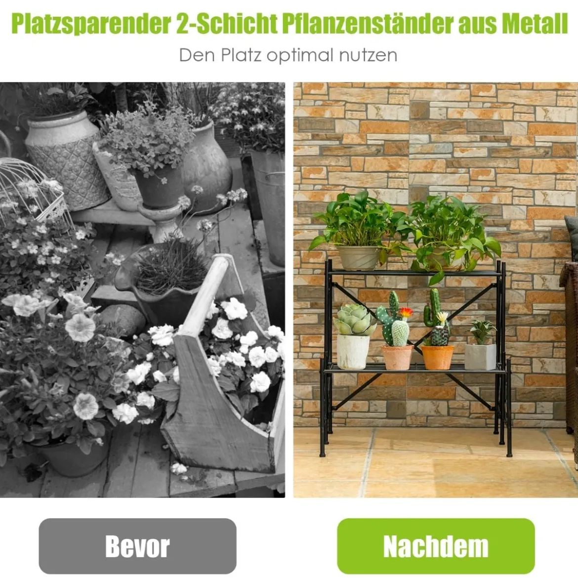 Blumentopfhalter 2-Stöckiger Metall-Pflanzenständer 60 x 60 x 60,5 cm Schwarz
