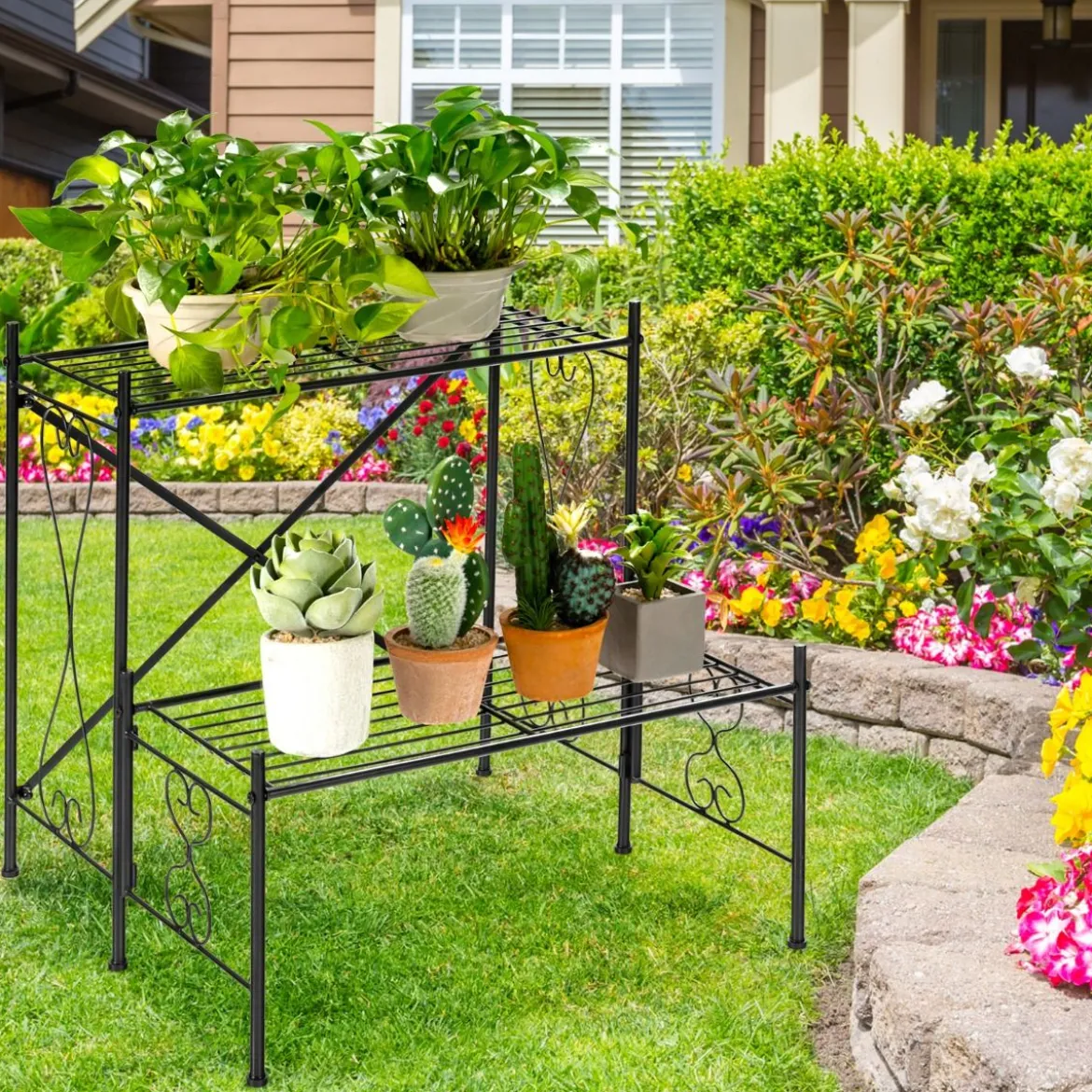 Blumentopfhalter 2-Stöckiger Metall-Pflanzenständer 60 x 60 x 60,5 cm Schwarz