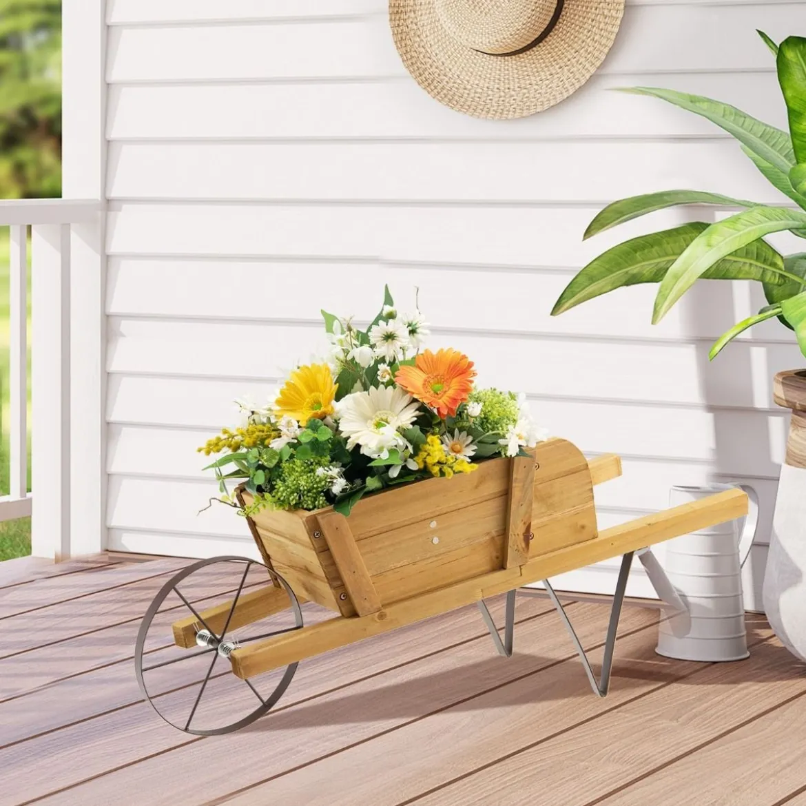 Blumenwagen Blumenschubkarre für den Innen- und Außenbereich 69,5 x 26 x 29,5 cm Walnuss