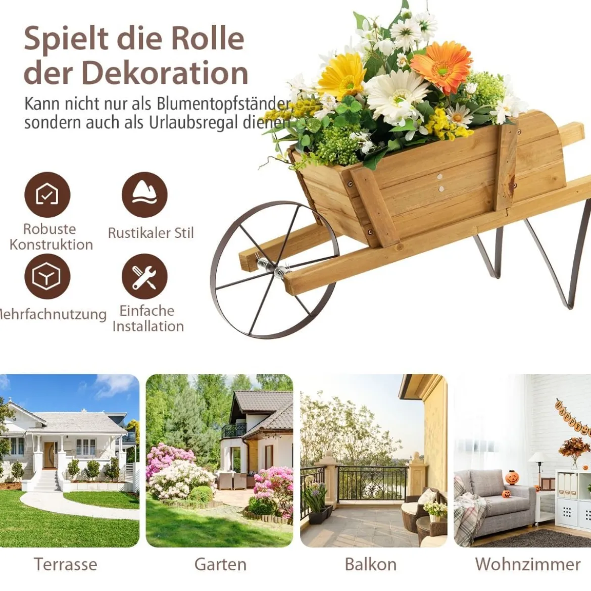 Blumenwagen Blumenschubkarre für den Innen- und Außenbereich 69,5 x 26 x 29,5 cm Walnuss