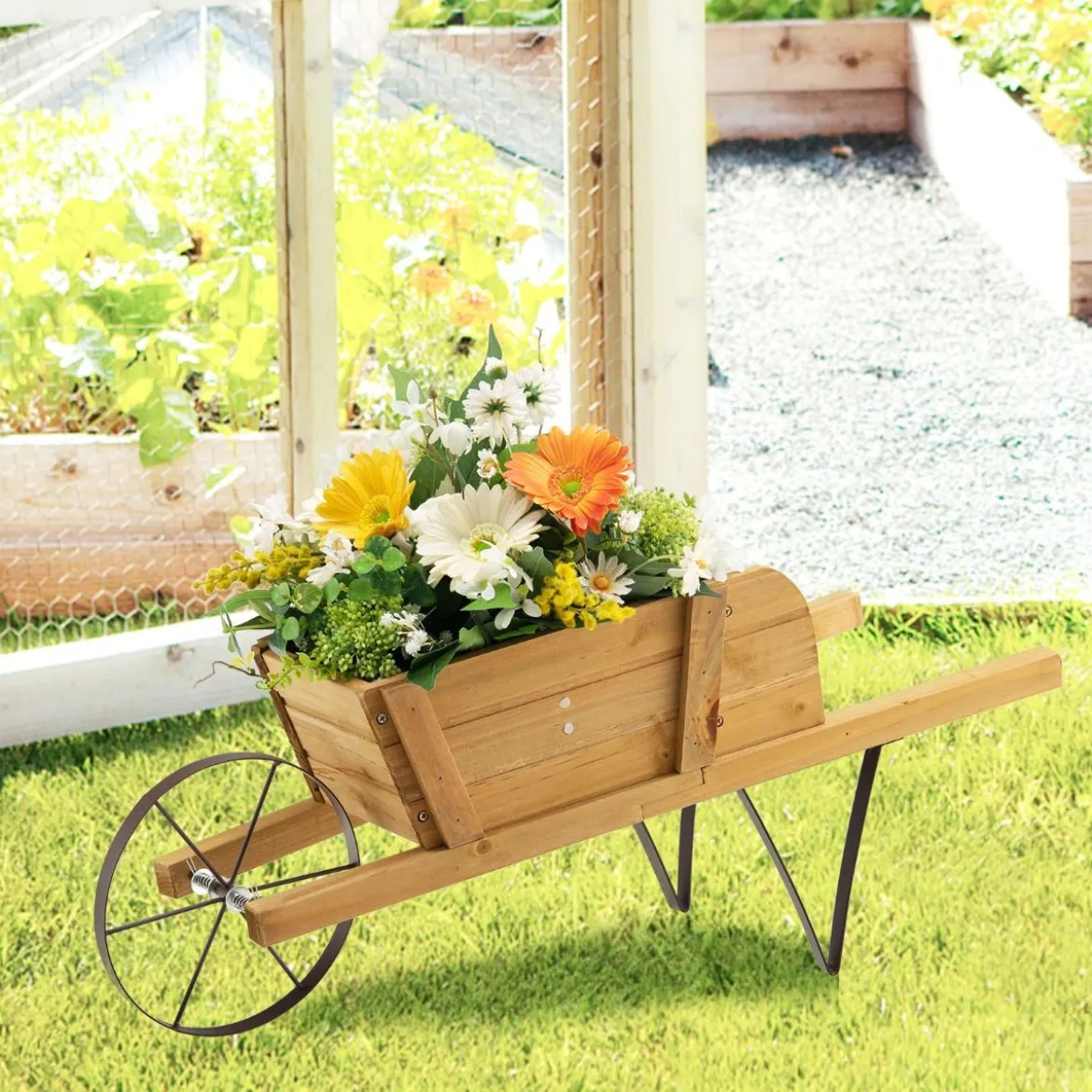 Blumenwagen Blumenschubkarre für den Innen- und Außenbereich 69,5 x 26 x 29,5 cm Walnuss