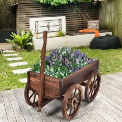Blumenwagen Holz Pflanzwagen mit 4 Rädern Blumenkarre 120 x 43x 53,5 cm Braun