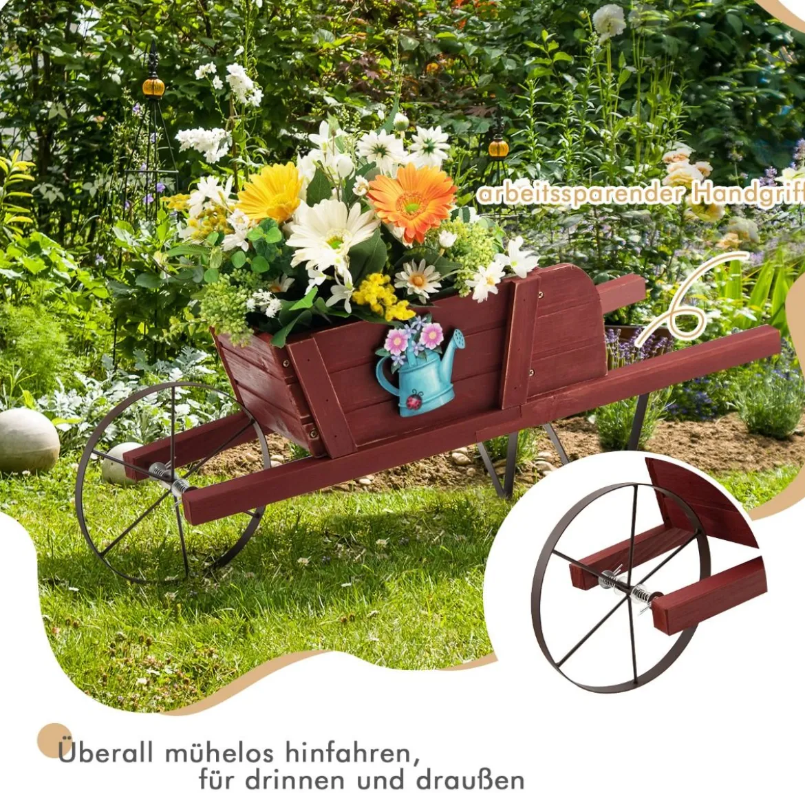 Blumenwagen mit 9 Magnetischen Zubehörteilen & 1 Eisenrad & 2 Griffen Pflanzwagen Blumenkarre Rot