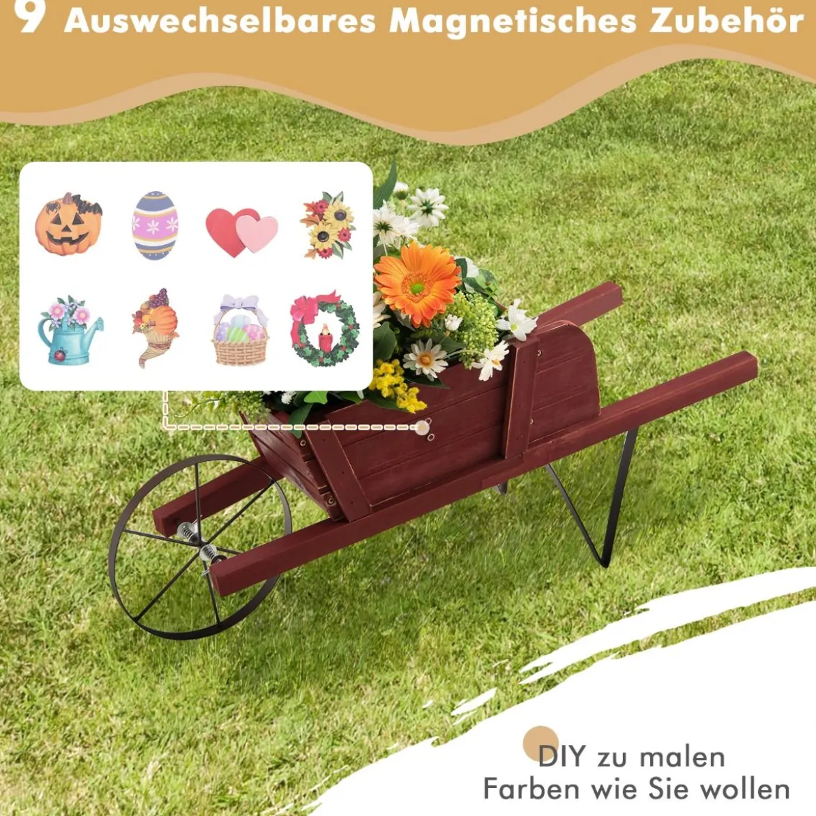 Blumenwagen mit 9 Magnetischen Zubehörteilen & 1 Eisenrad & 2 Griffen Pflanzwagen Blumenkarre Rot
