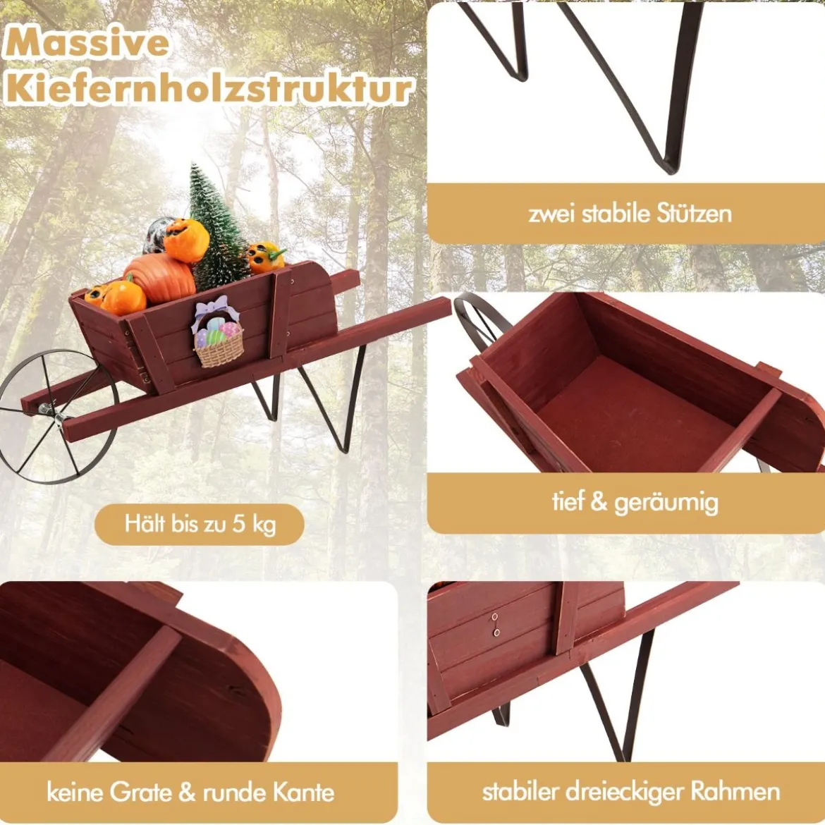 Blumenwagen mit 9 Magnetischen Zubehörteilen & 1 Eisenrad & 2 Griffen Pflanzwagen Blumenkarre Rot