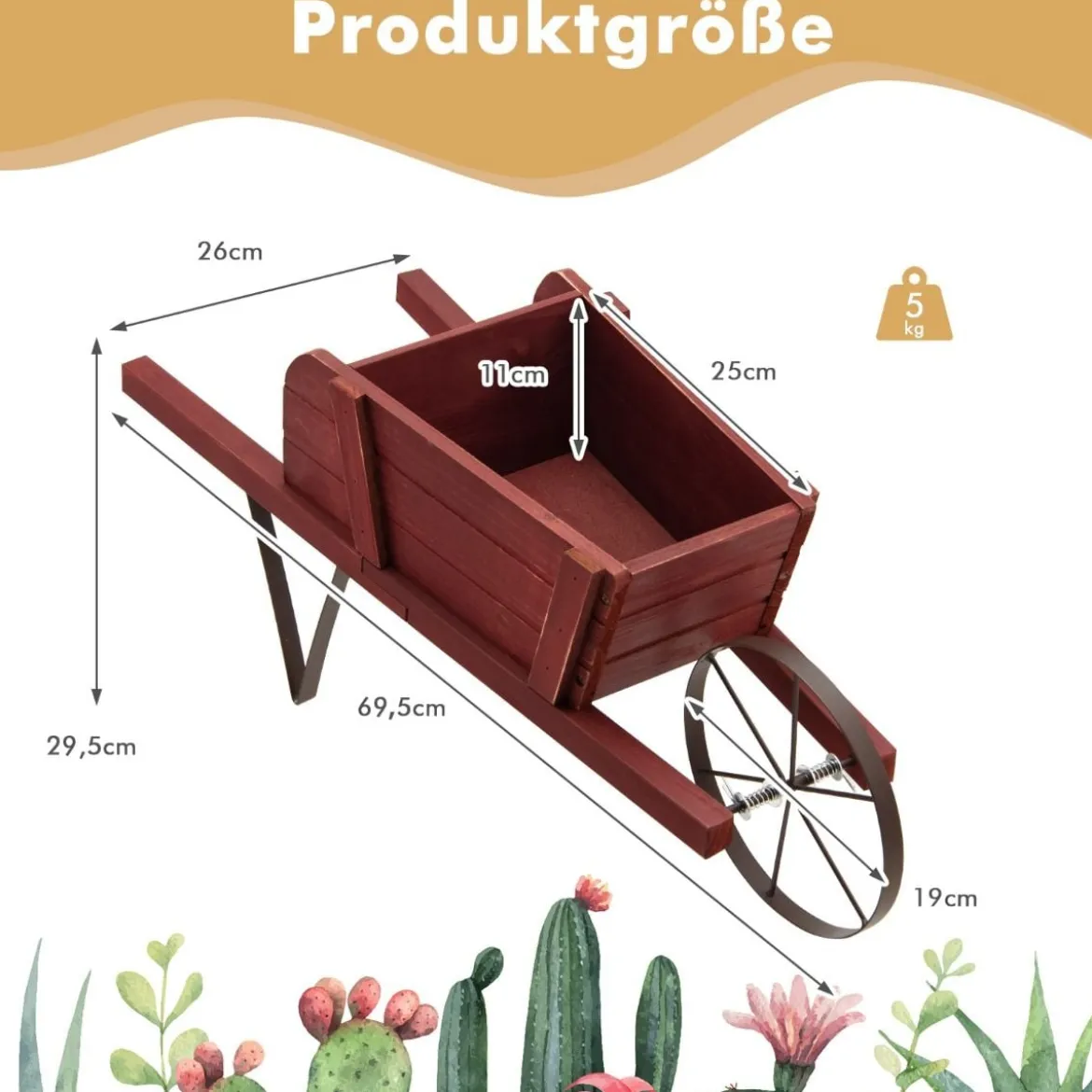 Blumenwagen mit 9 Magnetischen Zubehörteilen & 1 Eisenrad & 2 Griffen Pflanzwagen Blumenkarre Rot