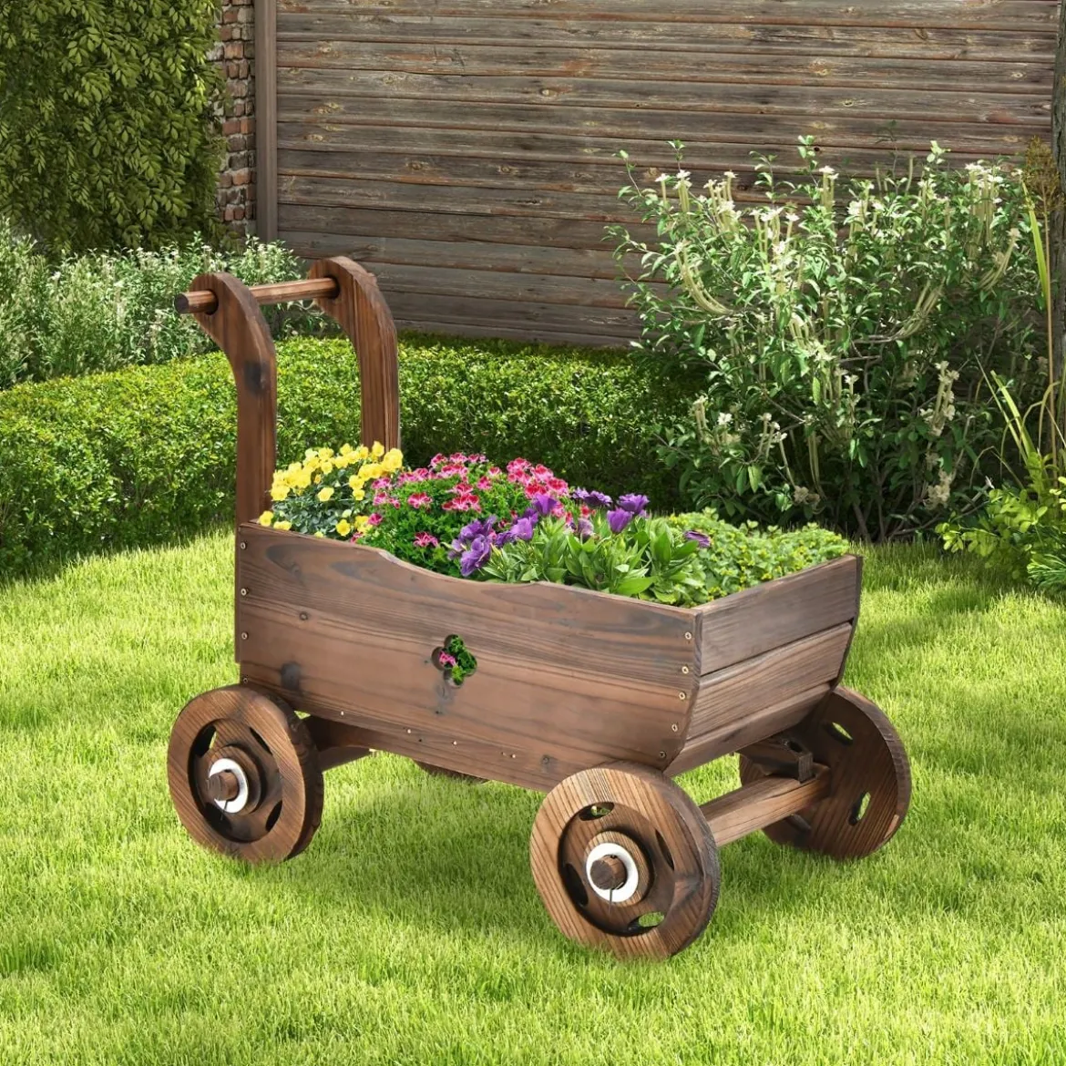 Blumenwagen Pflanzkasten aus Holz mit Rädern 68 x 38,5 x 53,5 cm Braun