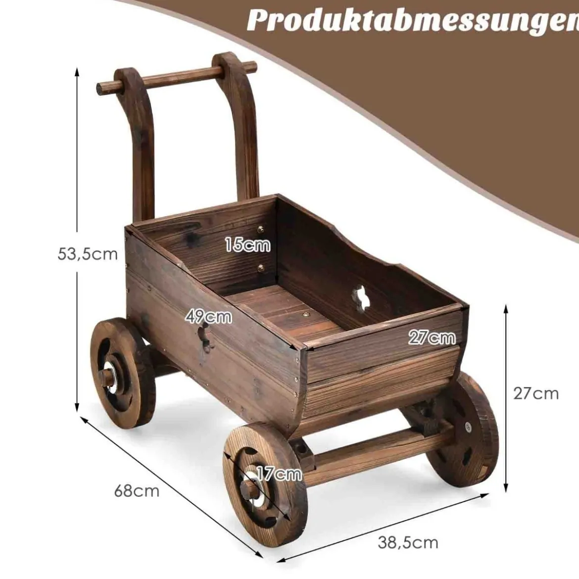 Blumenwagen Pflanzkasten aus Holz mit Rädern 68 x 38,5 x 53,5 cm Braun
