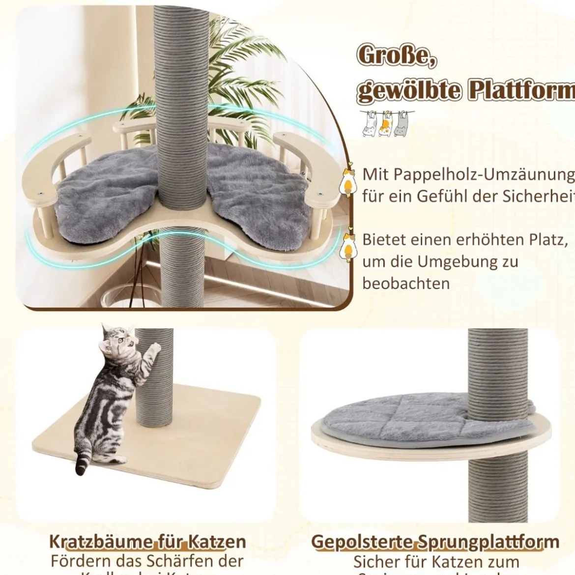 Boden bis Decke Kratzbaum mit 236-271 cm verstellbarer Höhe 5-stufiger Katzenkratzbaum mit Plattform Grau