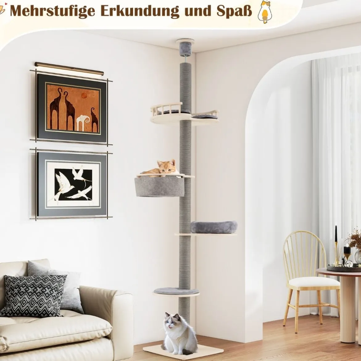Boden bis Decke Kratzbaum mit 236-271 cm verstellbarer Höhe 5-stufiger Katzenkratzbaum mit Plattform Grau