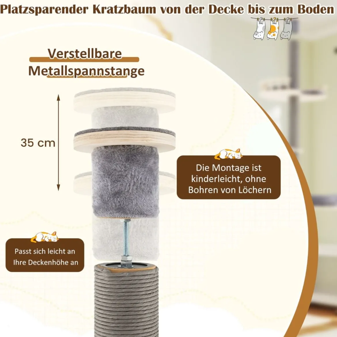 Boden bis Decke Kratzbaum mit 236-271 cm verstellbarer Höhe 5-stufiger Katzenkratzbaum mit Plattform Grau