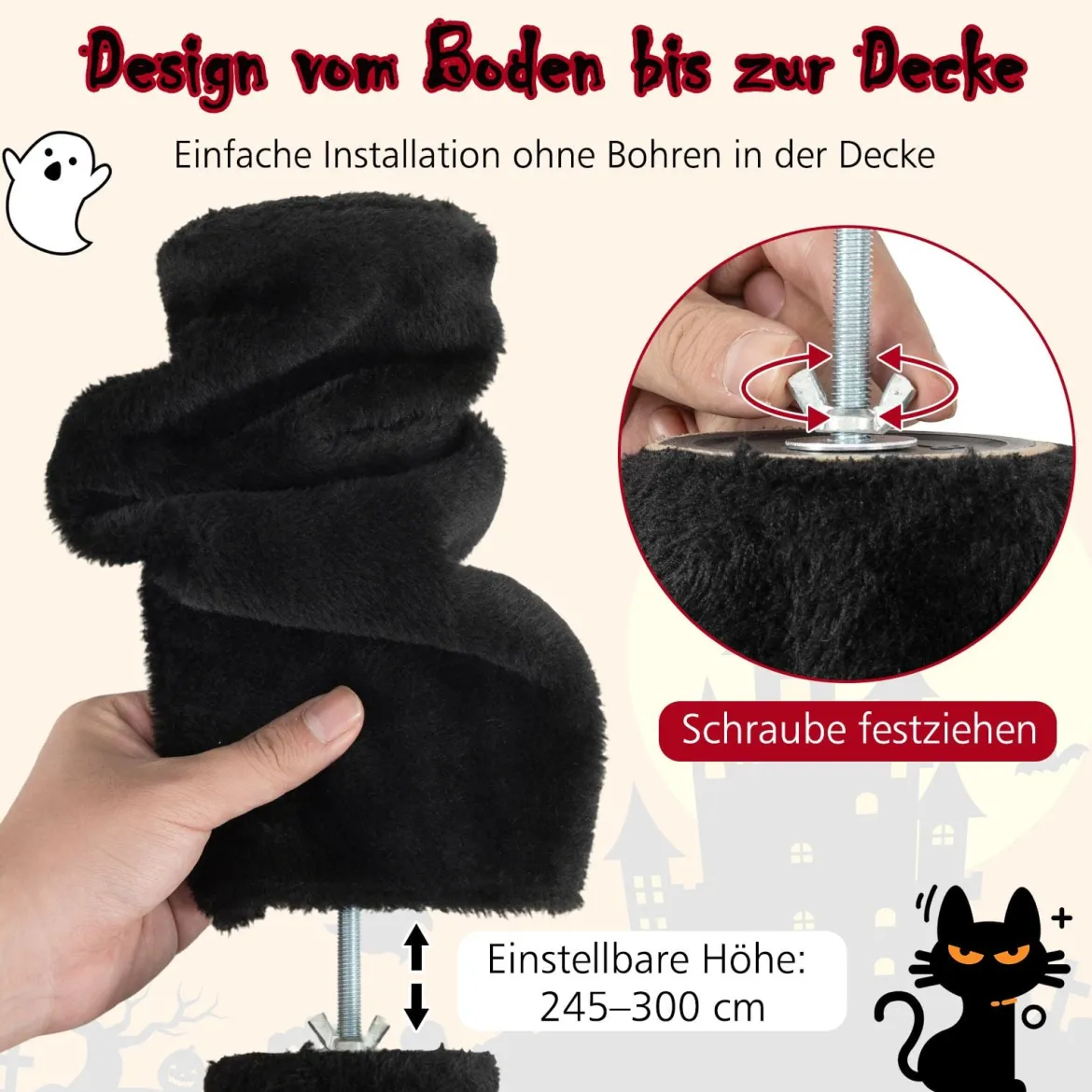 Boden bis Decken Katzenbaum 245-300 cm verstellbar 5-stöckiger Kratzbaum mit Katzenhöhle Schwarz