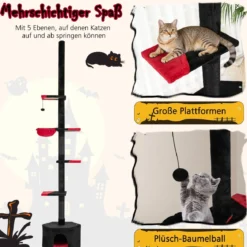 Boden bis Decken Katzenbaum 245-300 cm verstellbar 5-stöckiger Kratzbaum mit Katzenhöhle Schwarz