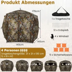 Boden-Blind Tragbares Jagdzelt für 4 Personen mit Geräuschfreien Fenstern Popup-Tarnzelt