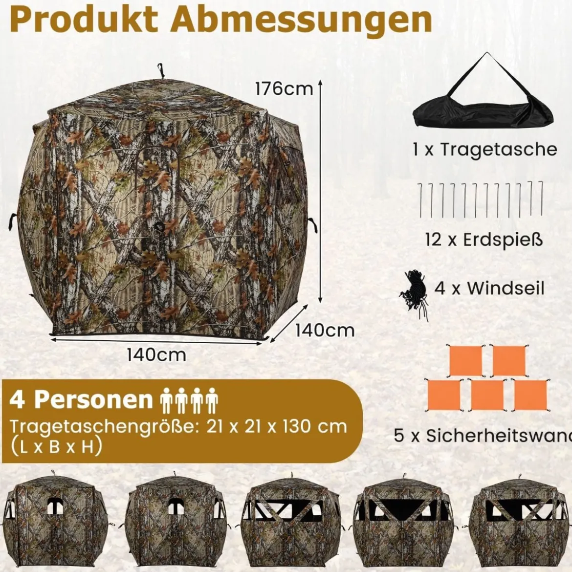 Boden-Blind Tragbares Jagdzelt für 4 Personen mit Geräuschfreien Fenstern Popup-Tarnzelt