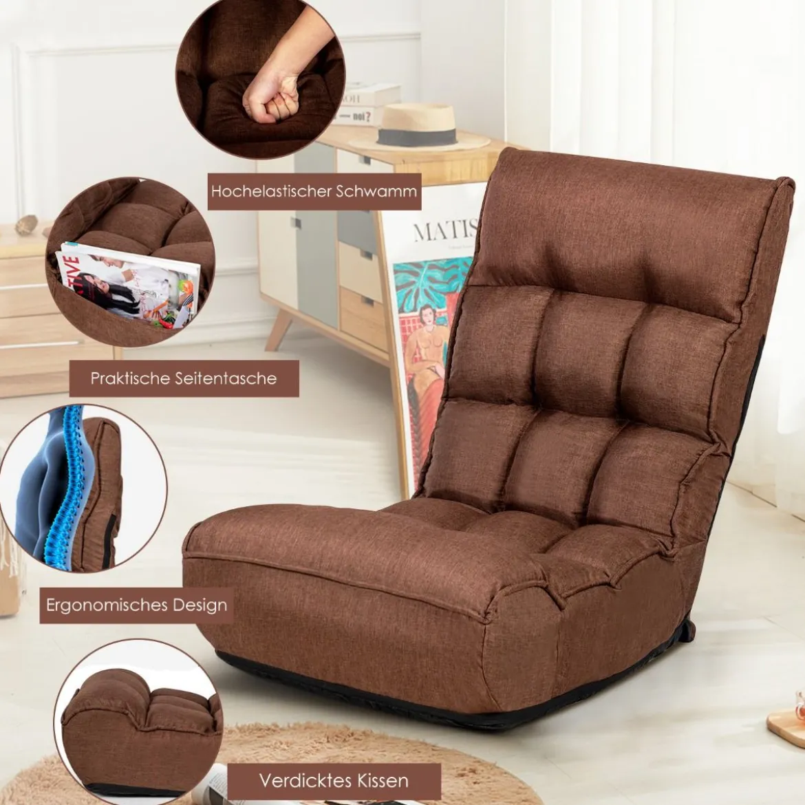 Boden-Klappstuhl 4-Fach Verstellbares Gaming-Bodensofa mitRückenlehne Kaffee
