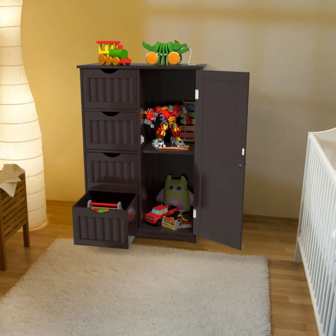 Bodenschrank für Badezimmer mit 4 Schubladen & 1 verstellbaren Regal Platzsparender Mehrzweckschrank Braun