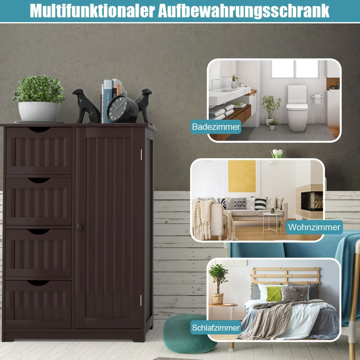Bodenschrank für Badezimmer mit 4 Schubladen & 1 verstellbaren Regal Platzsparender Mehrzweckschrank Braun