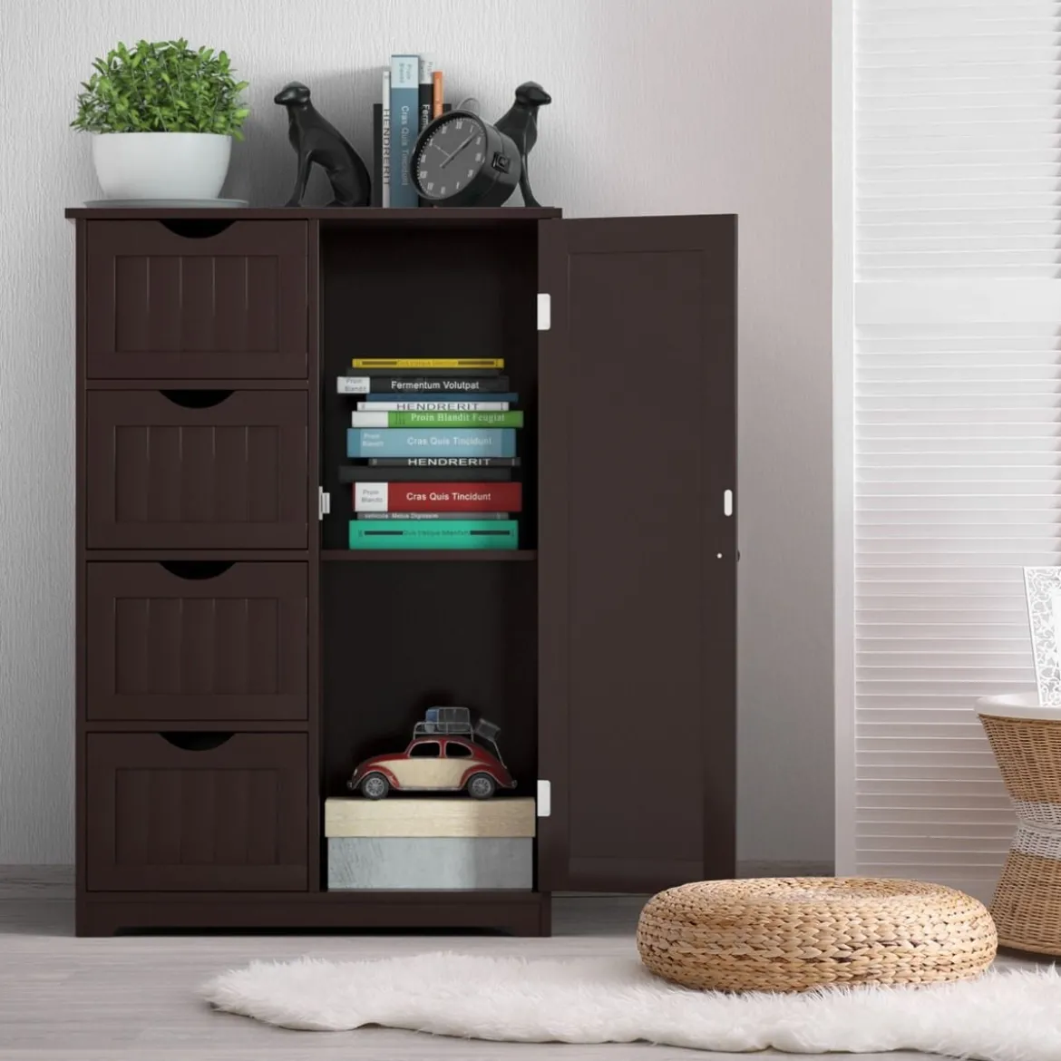Bodenschrank für Badezimmer mit 4 Schubladen & 1 verstellbaren Regal Platzsparender Mehrzweckschrank Braun